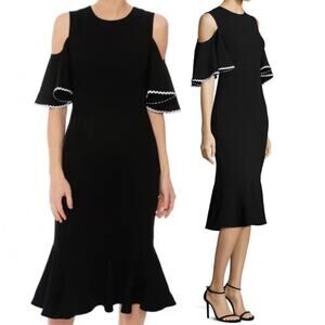 Shoshanna Dress Cold Shoulder Flutter Sleeves Trumpet Skirt Midi Black Womens 2